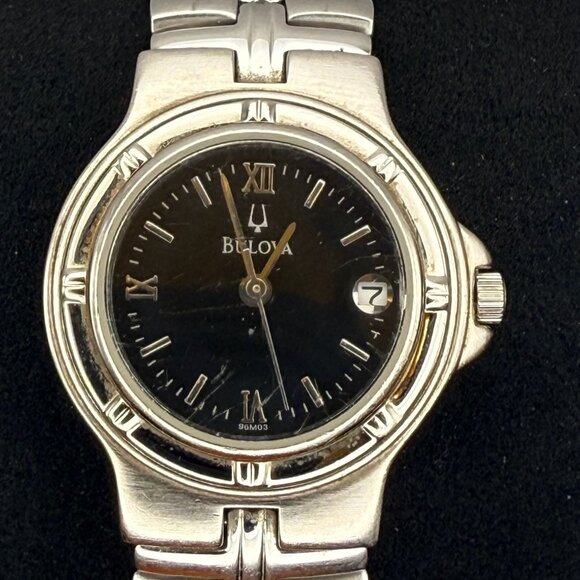 Vintage Bulova 90’s Ladies Round Silver Black tones Watch Working main image 5